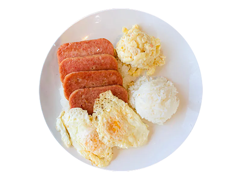 Classic Spam & eggs served with rice and mac salad at Big Island Hawaiian BBQ, a Hawaiian Restaurant in Norco
