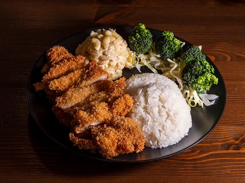 Crispy chicken katsu with rice, mac salad and veggies at Big Island Hawaiian BBQ, a Hawaiian Restaurant in Norco