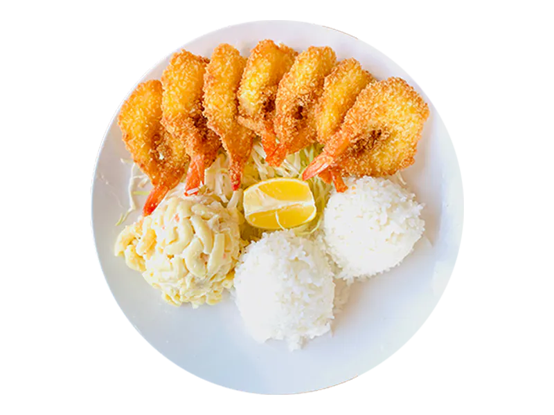 Crispy fried shrimp served with rice, mac salad and lemon at Big Island Hawaiian BBQ, a Hawaiian Restaurant in Norco