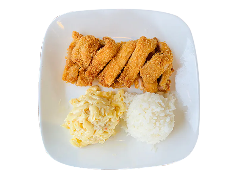 Crispy pork katsu with rice and creamy mac salad at Big Island Hawaiian BBQ, a Hawaiian Restaurant in Norco