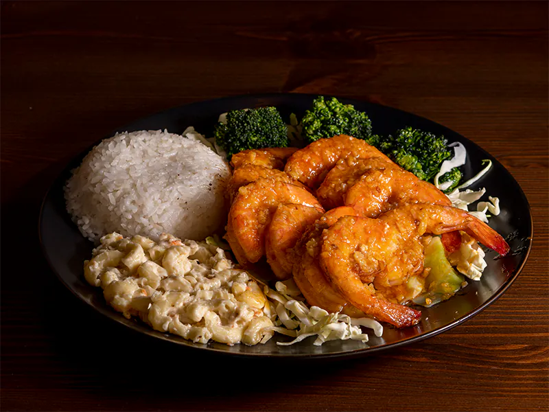 Hawaiian garlic shrimp with rice, mac salad and veggies at Big Island Hawaiian BBQ, a Hawaiian Restaurant in Norco