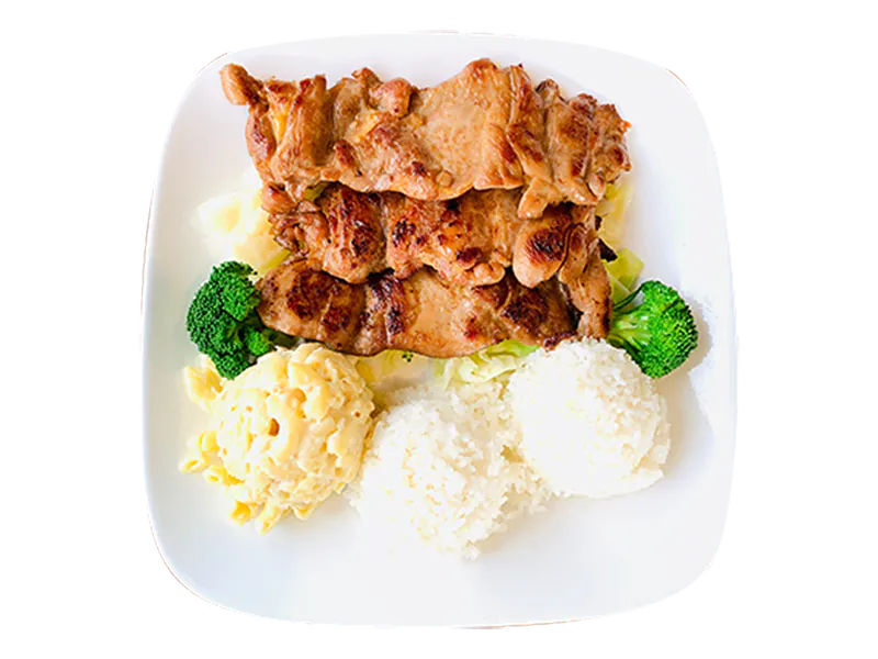 Hawaiian grilled pork chop with rice, mac salad and veggies at Big Island Hawaiian BBQ, a Hawaiian Restaurant in Norco