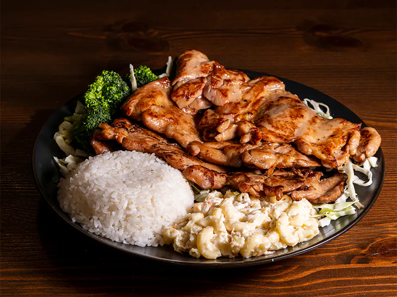 Hawaiian teriyaki chicken with rice, mac salad and veggies at Big Island Hawaiian BBQ, a Hawaiian Restaurant in Norco